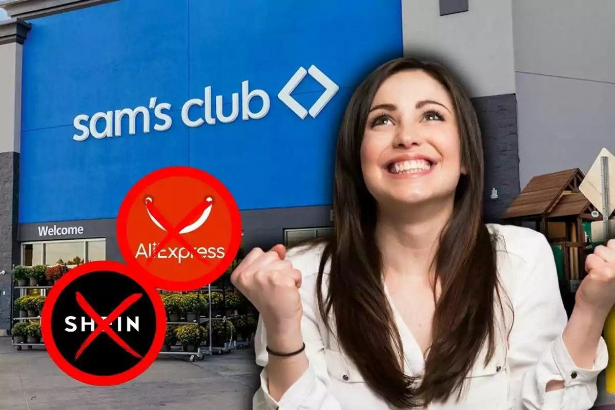 A smiling woman in front of the Sam's Club store with crossed-out AliExpress and Shein logos.
