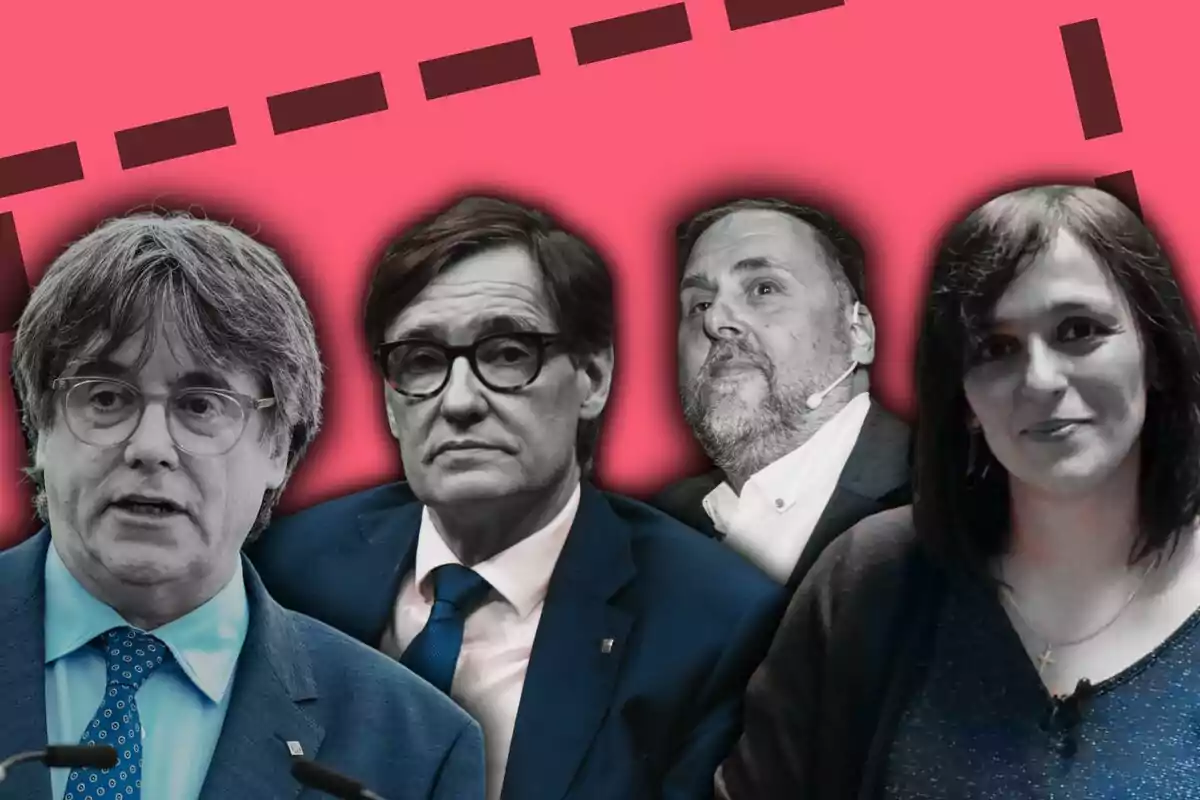 Cuatro personas en primer plano sobre un fondo rosa con líneas negras en la parte superior; son Puigdemont, Illa, Junqueras y Orriols.