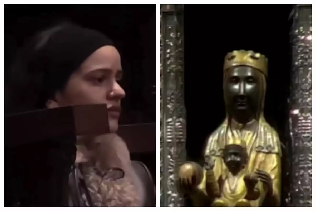 Montaje de fotos de Rosalía con expresión seria a la izquierda y una estatua religiosa dorada a la derecha, que es la Virgen de Montserrat. Montaje de fotos de Rosalía con expresión seria a la izquierda y una estatua religiosa dorada a la derecha, que es la Virgen de Montserrat.