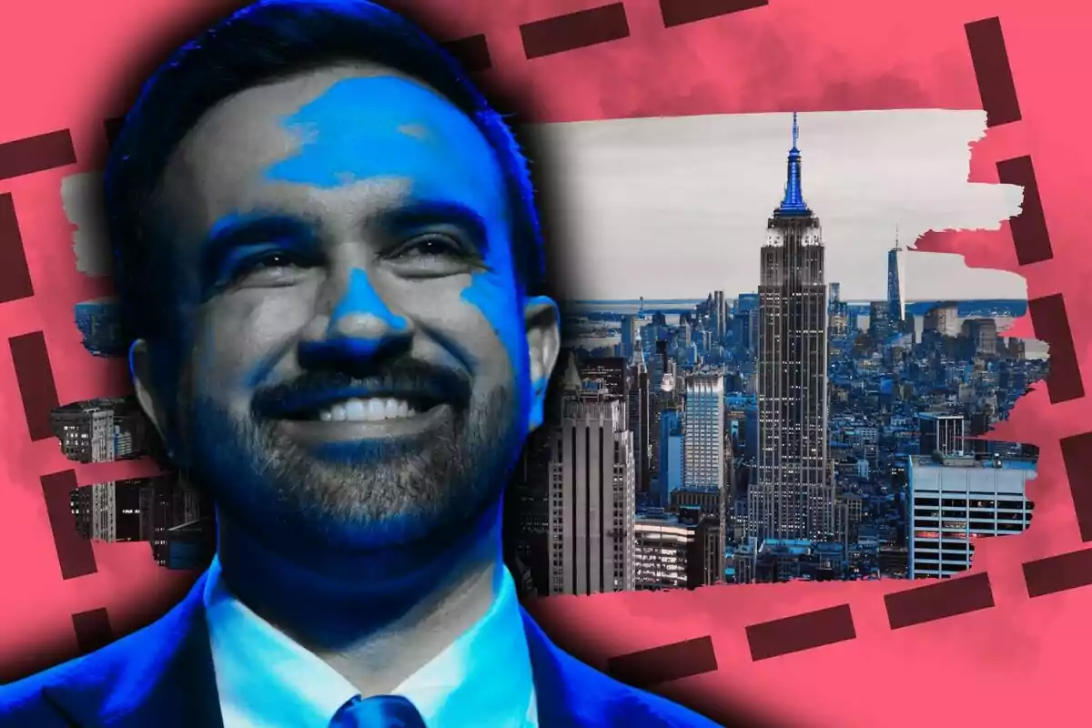 Zohran Mamdani sonriente en primer plano con fondo artístico de la ciudad de Nueva York y el Empire State Building sobre un diseño en tonos rosa y azul.