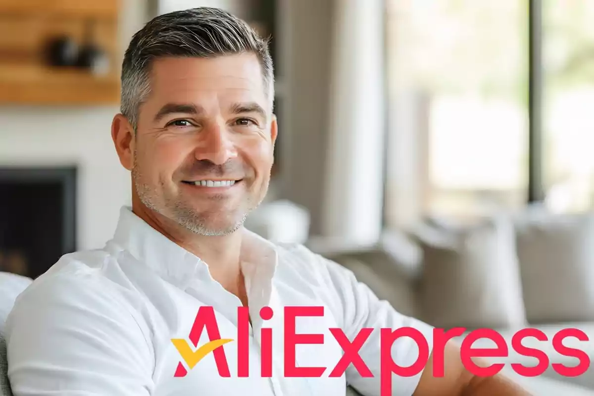 Montaje con hombre sonriente, con el pelo cano y camisa blanca, y el logo de AliExpress en primer plano