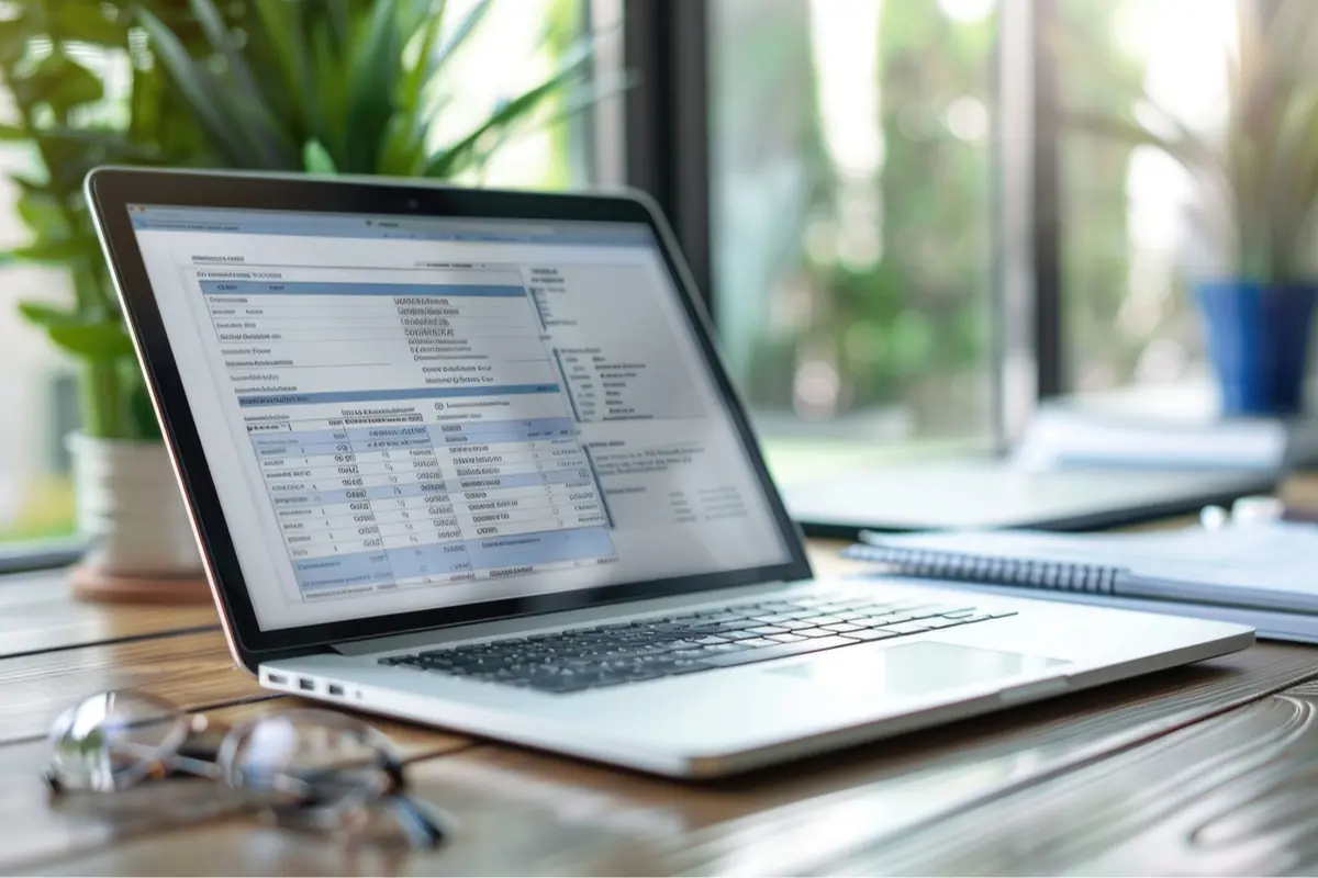 Portátil sobre un escritorio de madera mostrando una hoja de cálculo con gafas y una libreta al lado en un ambiente iluminado con plantas y ventanas al fondo