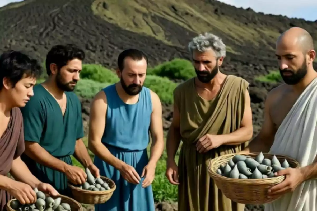 Cinco personas con vestimenta antigua sostienen canastas llenas de objetos en forma de concha mientras están al aire libre frente a un paisaje rocoso y montañoso en Canarias. Cinco personas con vestimenta antigua sostienen canastas llenas de objetos en forma de concha mientras están al aire libre frente a un paisaje rocoso y montañoso en Canarias.