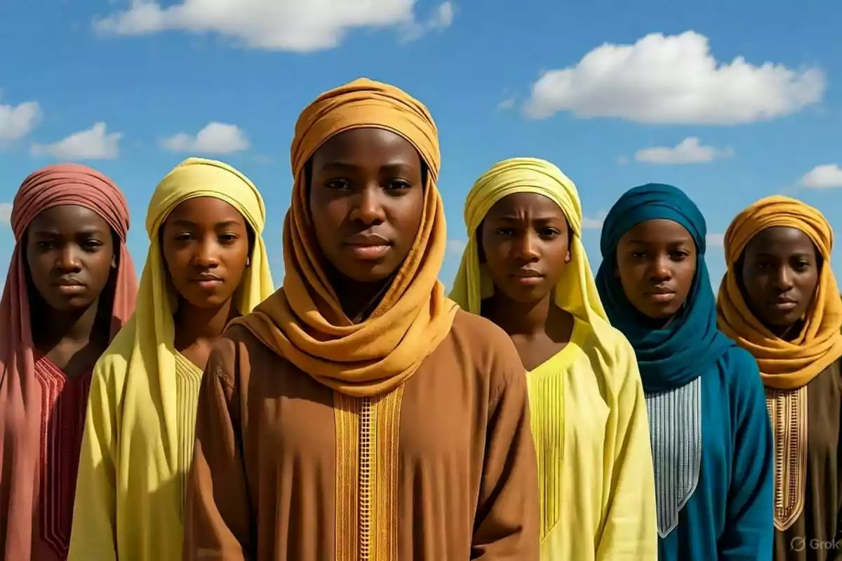 Seis mujeres jóvenes con túnicas y turbantes de colores tierra, amarillo y azul posan en fila bajo un cielo azul con nubes blancas en Canarias. Seis mujeres jóvenes con túnicas y turbantes de colores tierra, amarillo y azul posan en fila bajo un cielo azul con nubes blancas en Canarias.