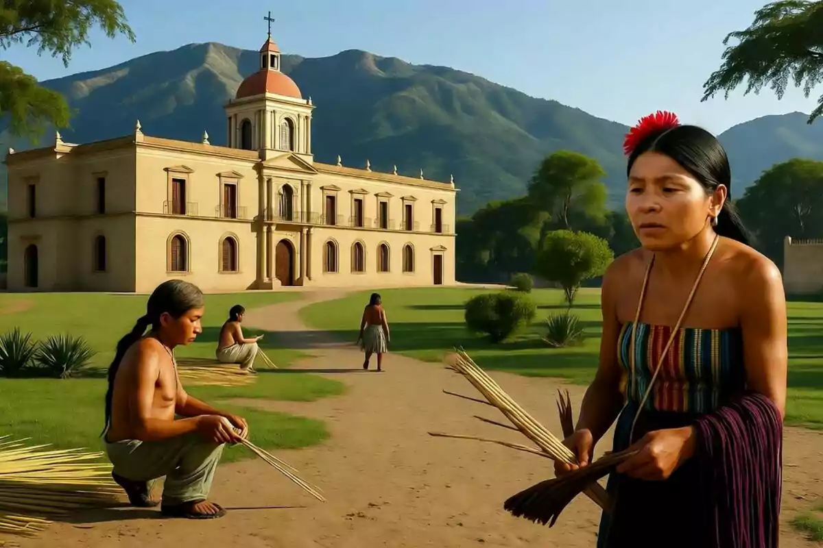 Persones indígenes treballant amb fibres vegetals davant d’una missió colonial amb muntanyes al fons en un entorn natural.