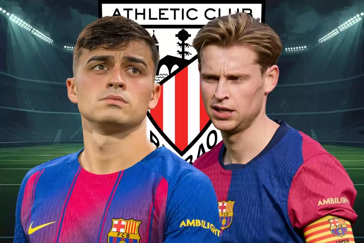 Dos jugadors del Barcelona amb uniforme blau i grana en primer pla, al fons l’escut de l’Athletic Club i un estadi de futbol il·luminat.