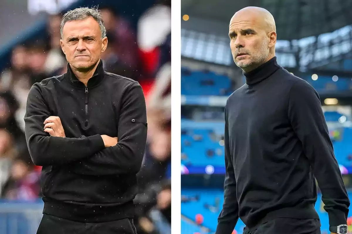 Dos entrenadores de fútbol de pie en diferentes estadios, ambos vestidos con ropa oscura y expresión seria Dos entrenadores de fútbol de pie en diferentes estadios, ambos vestidos con ropa oscura y expresión seria