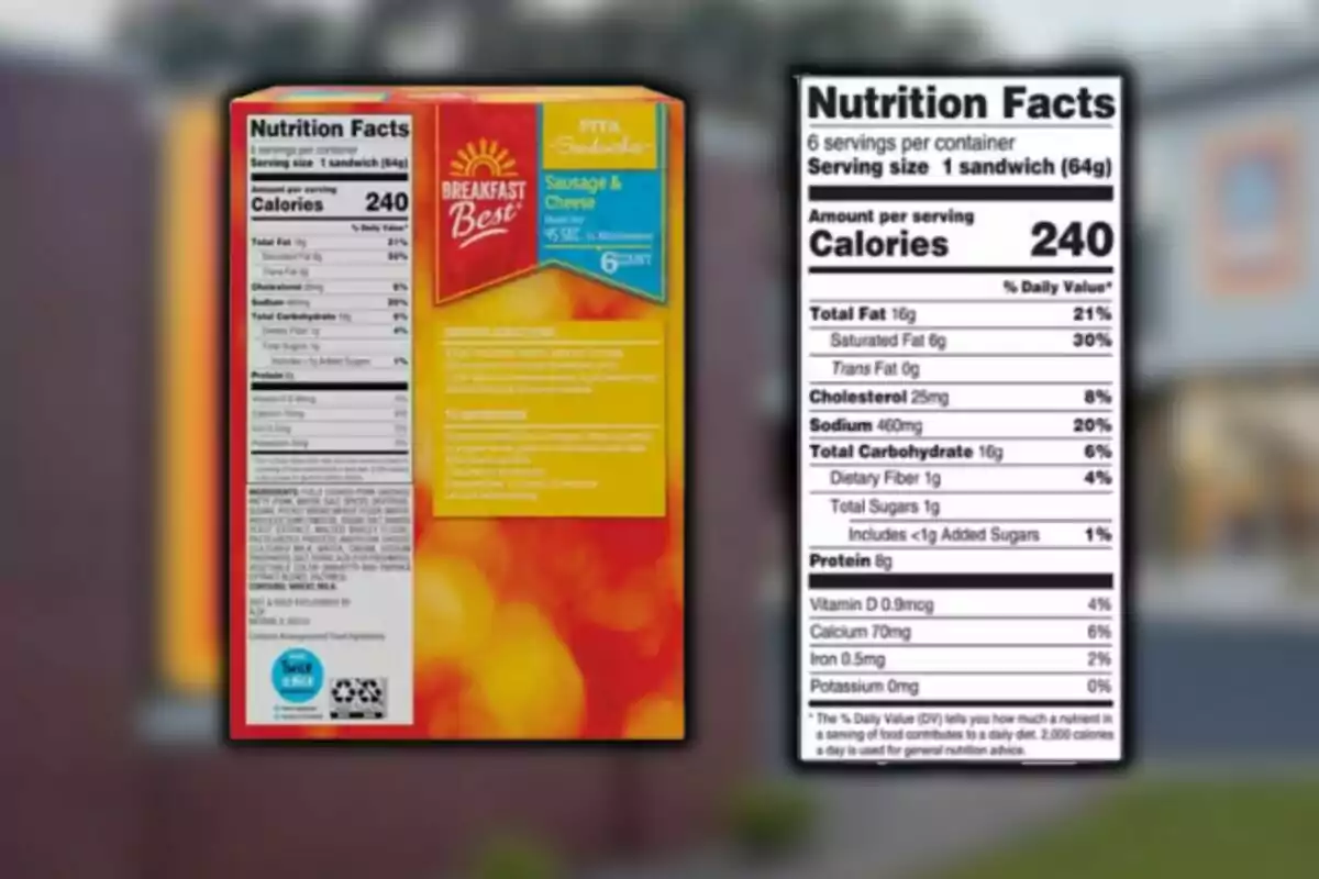 Aldi breakfast sandwich box with nutritional information and ingredient list on the back, next to a close-up of the nutrition facts table in a blurred background. Aldi breakfast sandwich box with nutritional information and ingredient list on the back, next to a close-up of the nutrition facts table in a blurred background.