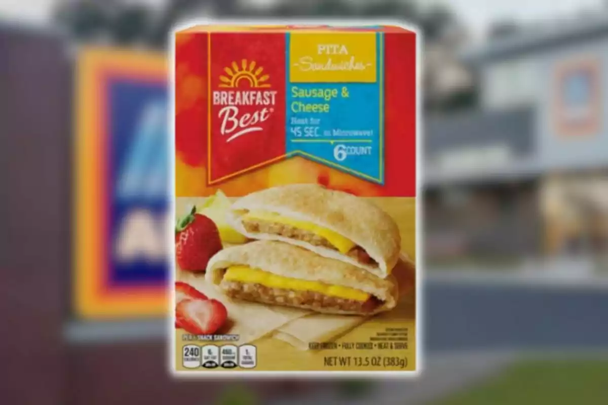 Breakfast Best brand sausage and cheese pita sandwich box from Aldi with strawberries on the side. Breakfast Best brand sausage and cheese pita sandwich box from Aldi with strawberries on the side.