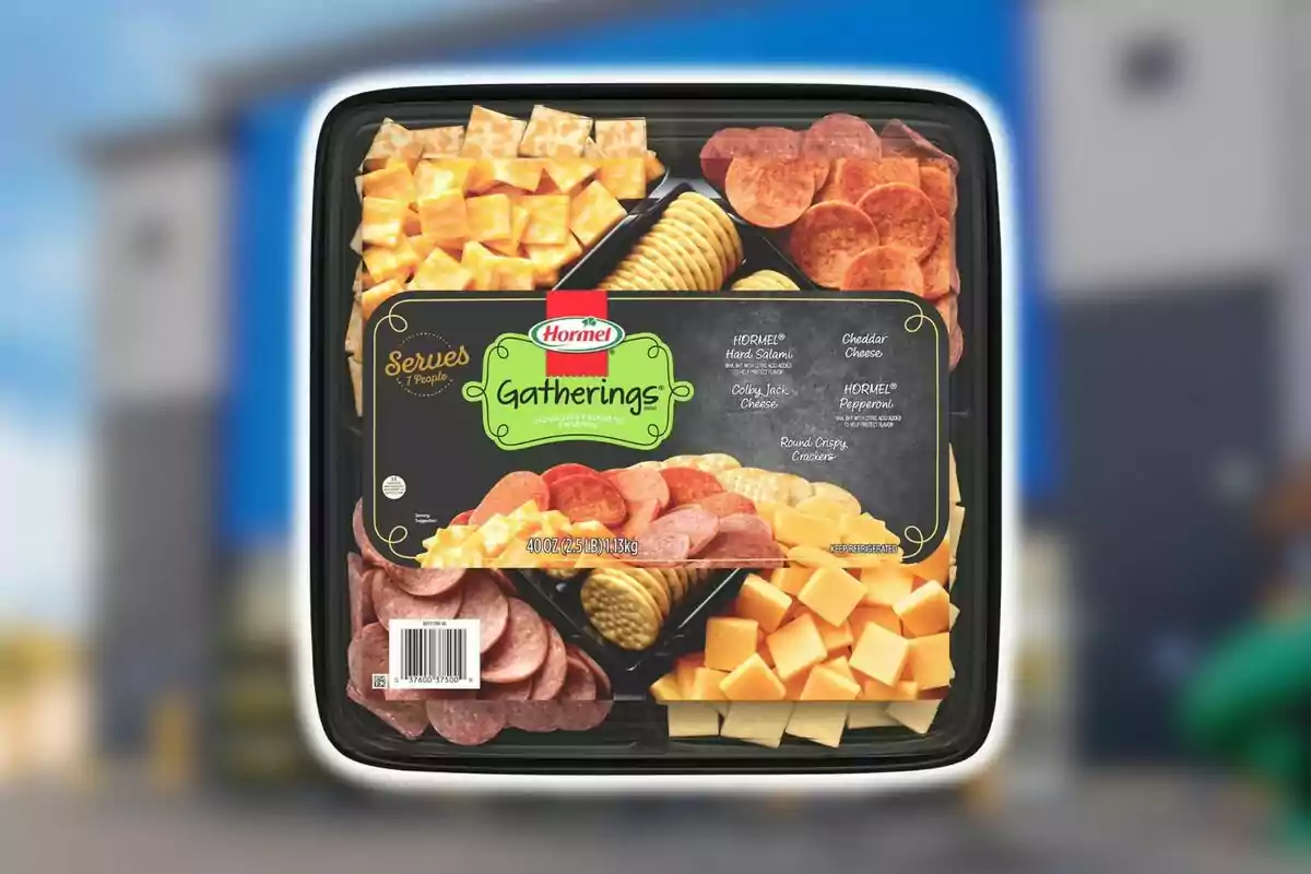 Hormel Gatherings snack tray with cheese cubes, salami slices, pepperoni, and Sam's Club crackers in a black plastic container. Hormel Gatherings snack tray with cheese cubes, salami slices, pepperoni, and Sam's Club crackers in a black plastic container.