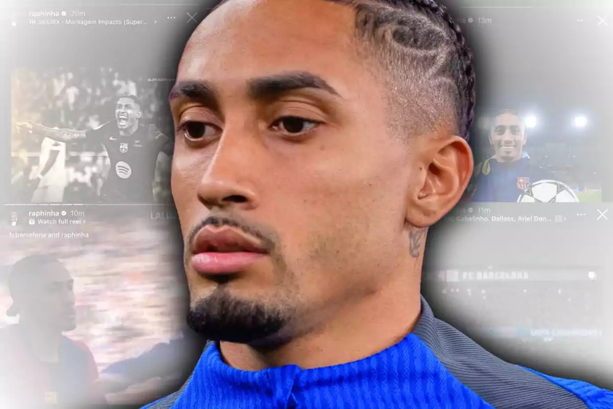 Primer pla d’un futbolista amb expressió seriosa, amb imatges difuminades d’ell jugant i celebrant al fons.