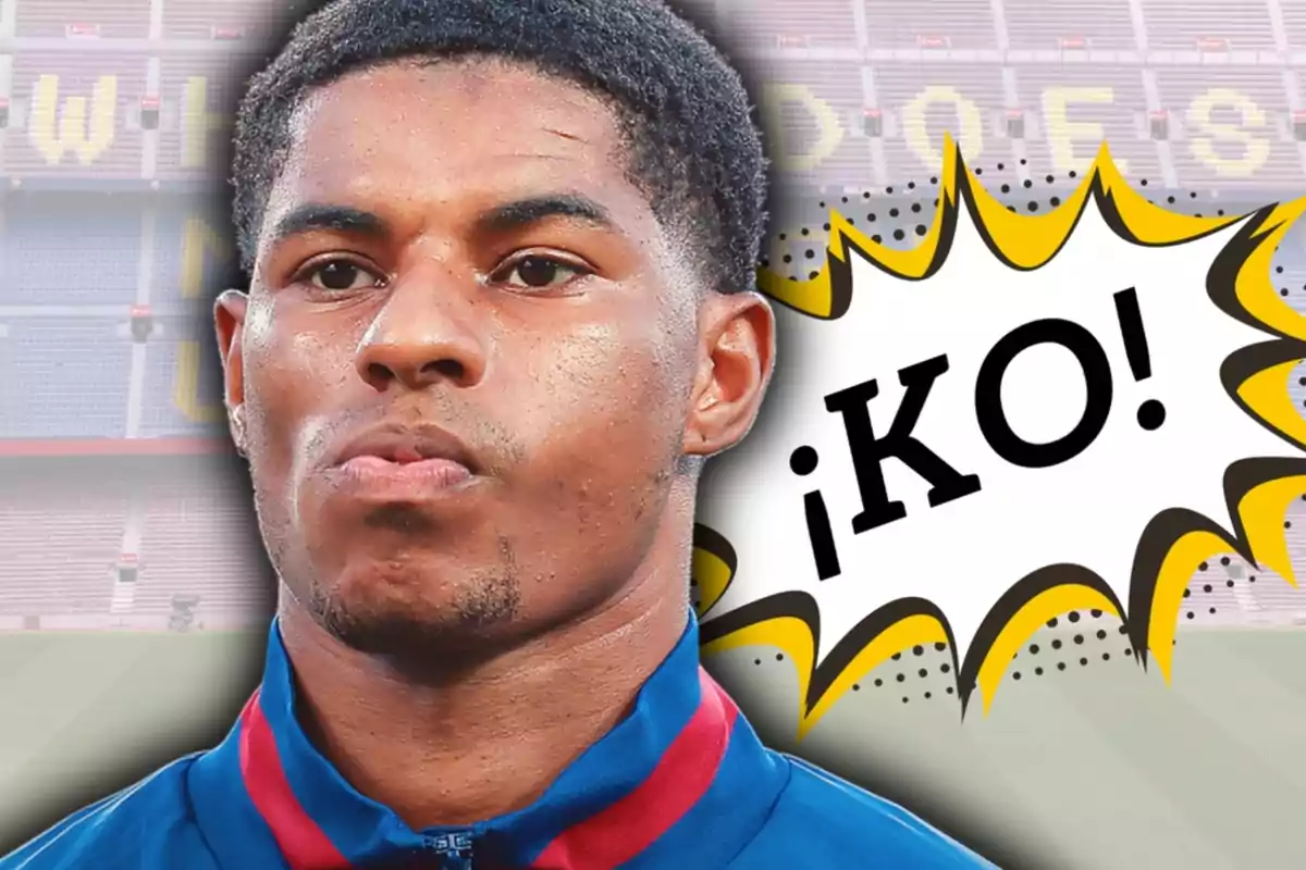 Un futbolista amb expressió seriosa apareix en primer pla amb un fons d’estadi i un gràfic de còmic que diu KO!