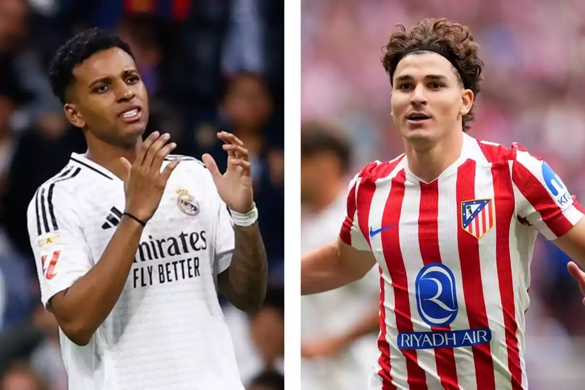 Dos futbolistas en el campo, uno con uniforme blanco del Real Madrid y otro con uniforme rojiblanco del Atlético de Madrid