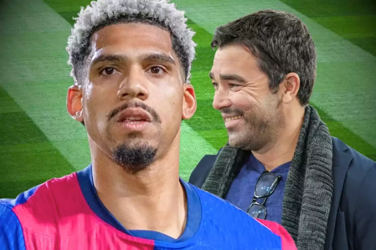 Dos hombres en un campo de fútbol, uno con uniforme deportivo en primer plano y otro con ropa casual y bufanda en el fondo, ambos mirando en direcciones opuestas.