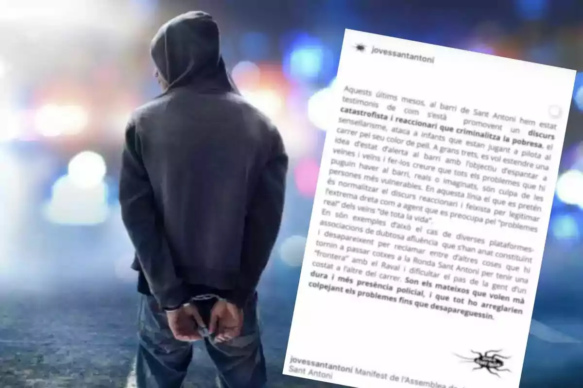Persona de espaldas con sudadera y las manos esposadas, junto a un recorte de texto en catalán sobre un fondo desenfocado con luces policiales