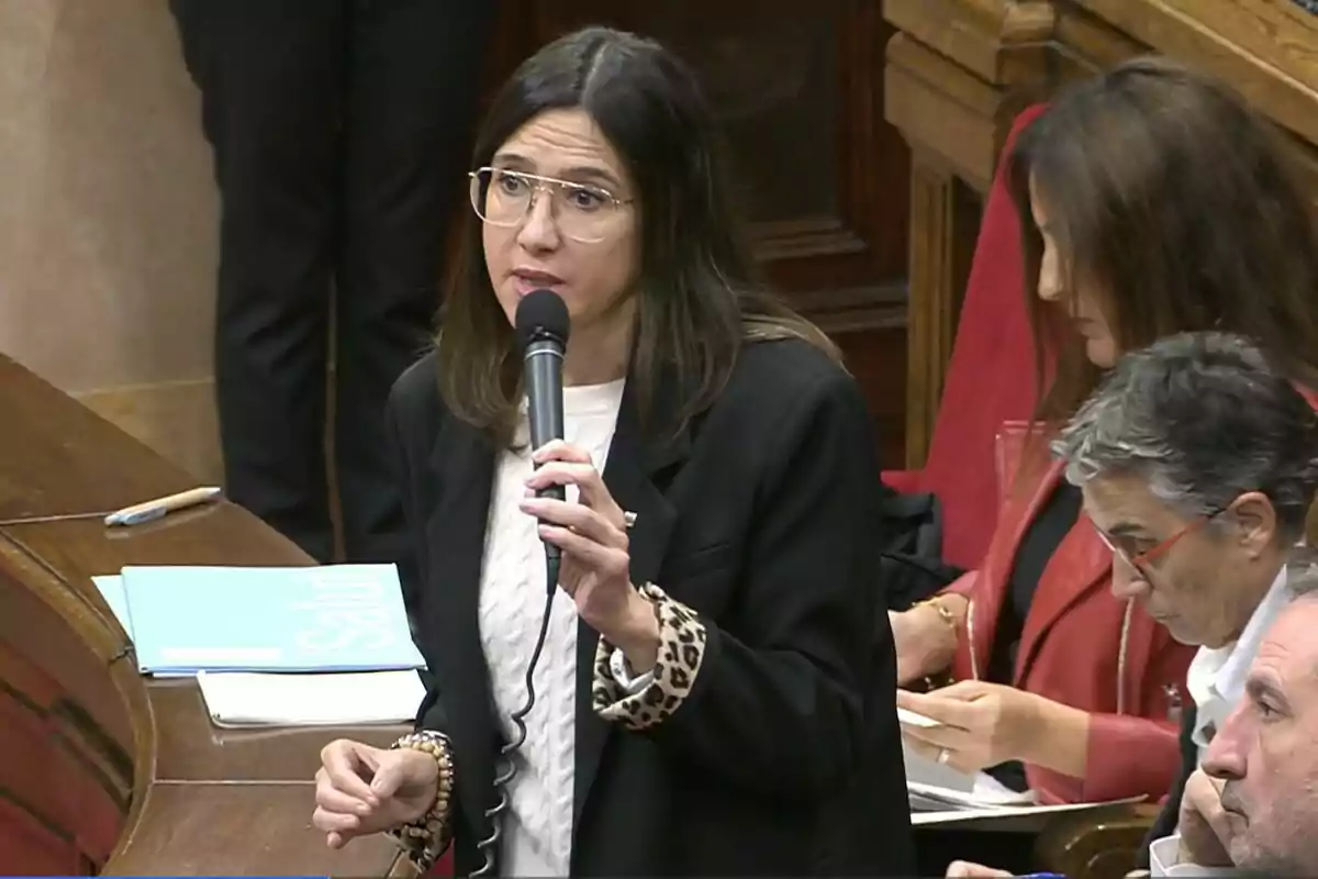 Dona de cabells foscos i ulleres parlant per un micròfon en una sala de reunions amb documents sobre la taula i altres persones assegudes al seu voltant