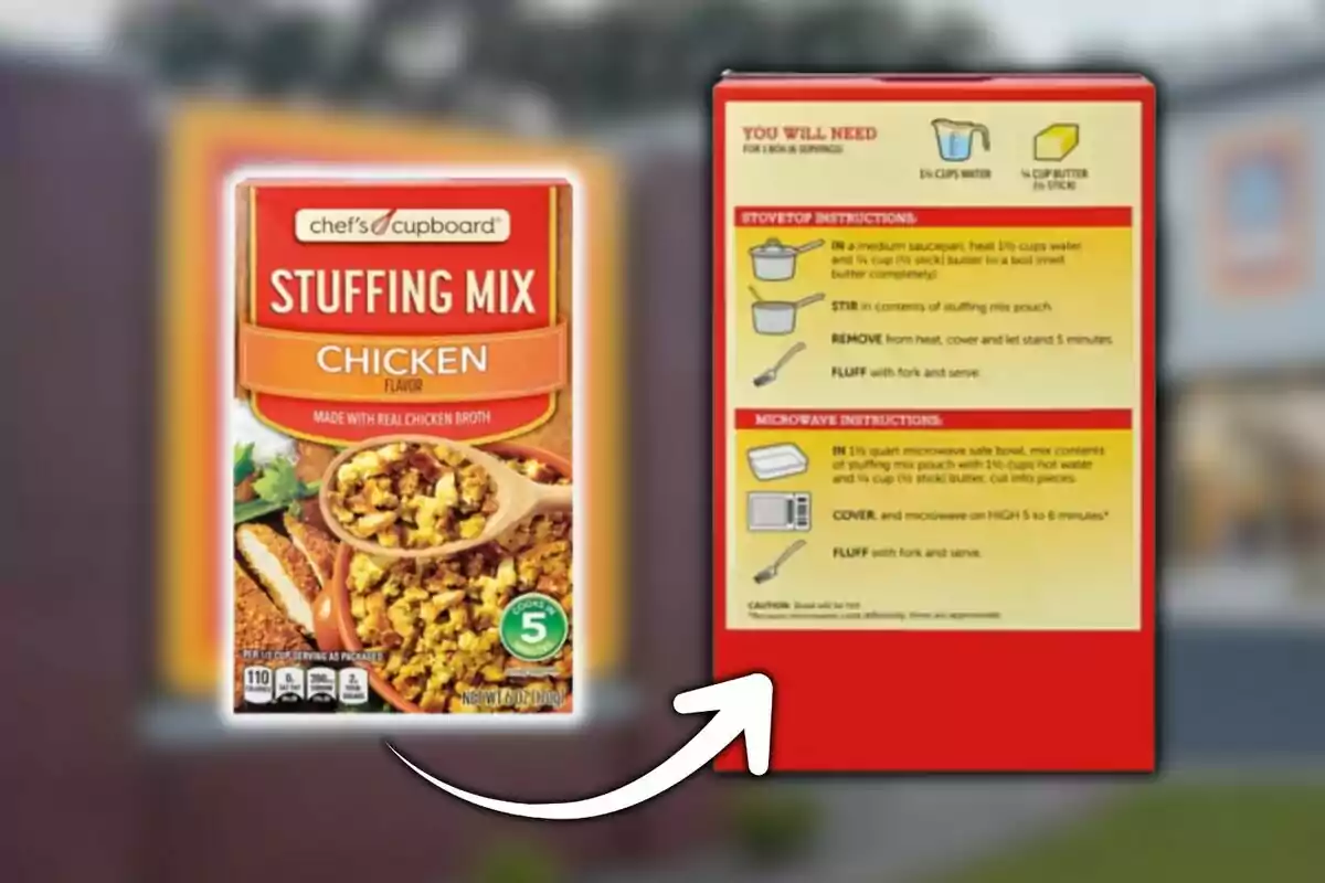 Caja de mezcla para relleno sabor pollo de la marca Chef’s Cupboard junto a una imagen de las instrucciones de preparación en la parte trasera del empaque.