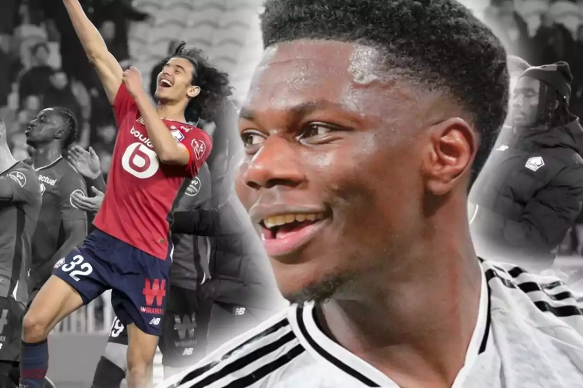 Dos futbolistes joves apareixen a la imatge, un celebrant amb l’uniforme vermell del Lille i un altre en primer pla somrient amb una samarreta blanca, mentre al fons es veuen més jugadors de blanc i negre.