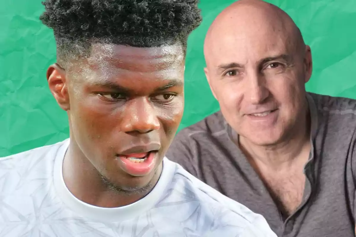 Two men pose in front of a green background; one of them is wearing a white sports jersey and the other is wearing a gray jersey.