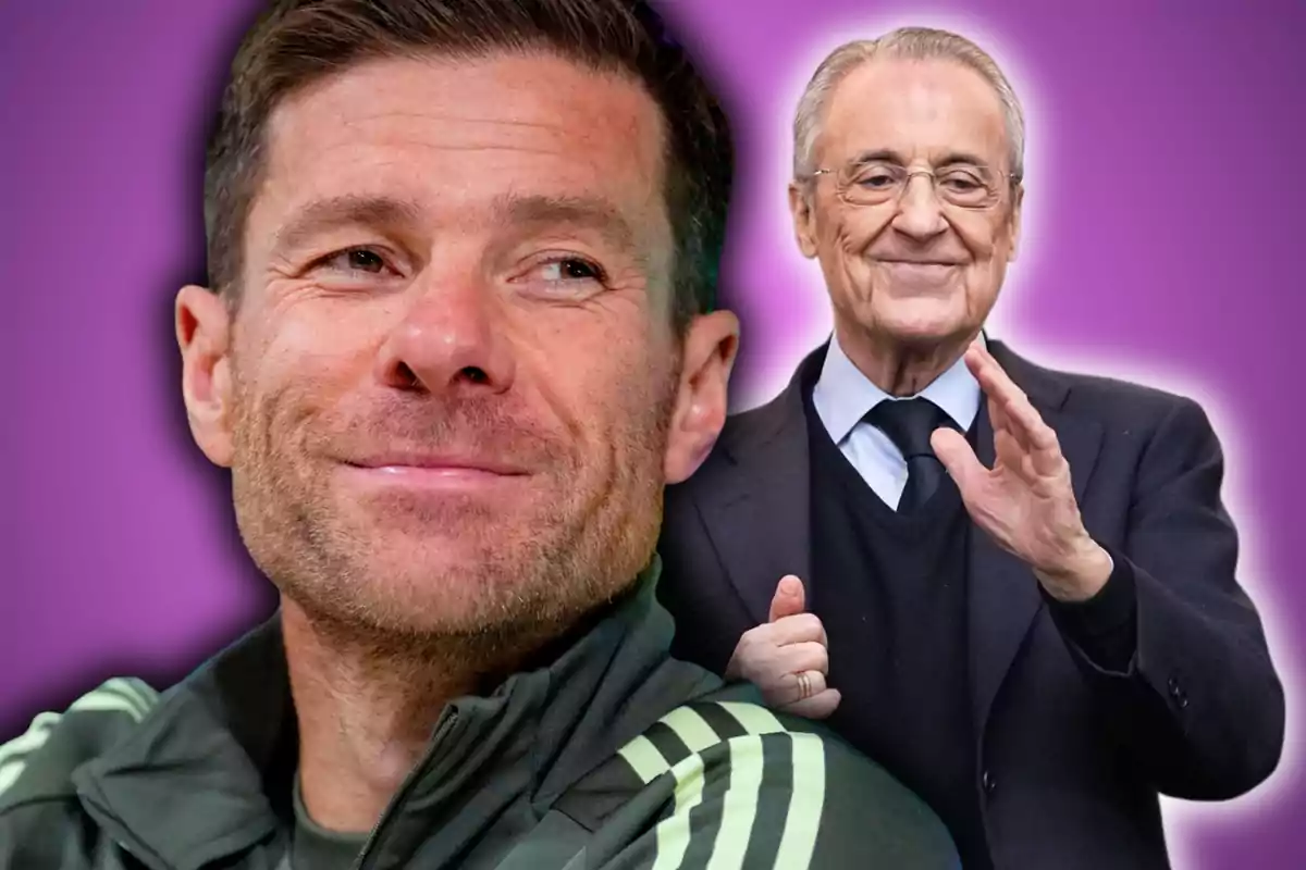 Dos hombres sonríen frente a un fondo morado difuminado