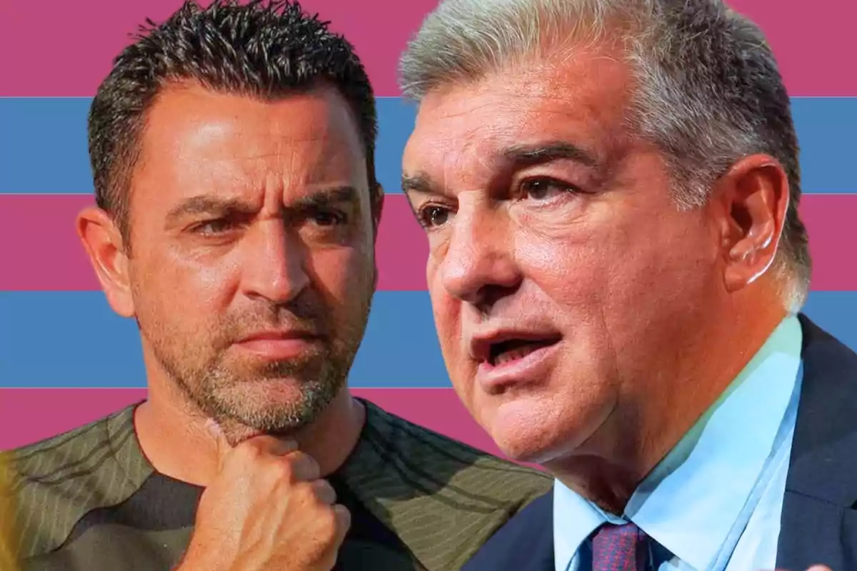 Dos hombres en primer plano con expresiones serias y fondo de franjas azul y rosa