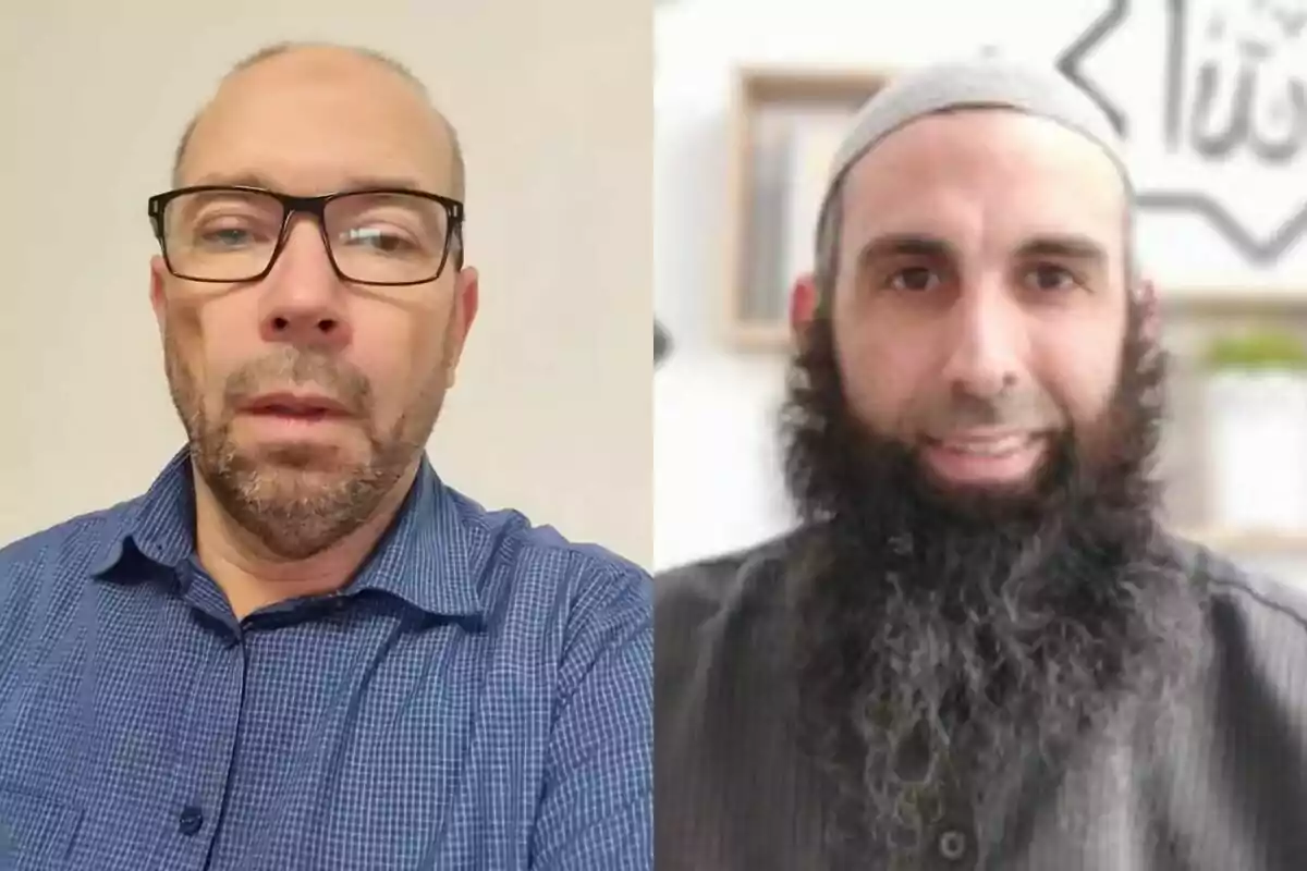 Dos homes posen per a la càmera; un porta ulleres i camisa blava, mentre que l’altre té barba llarga i vesteix roba fosca amb gorra clara.