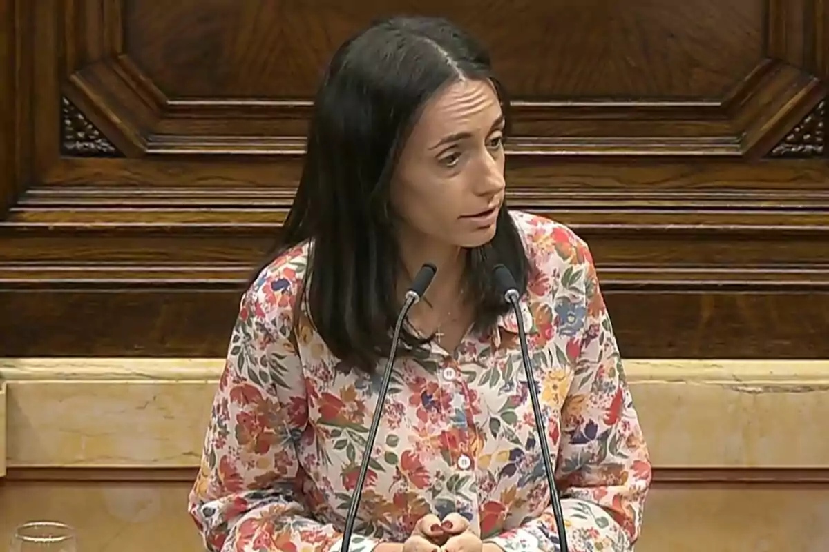 Dona de cabell fosc i llis amb una camisa de flors parlant davant de dos micròfons en una tarima de fusta Dona de cabell fosc i llis amb una camisa de flors parlant davant de dos micròfons en una tarima de fusta