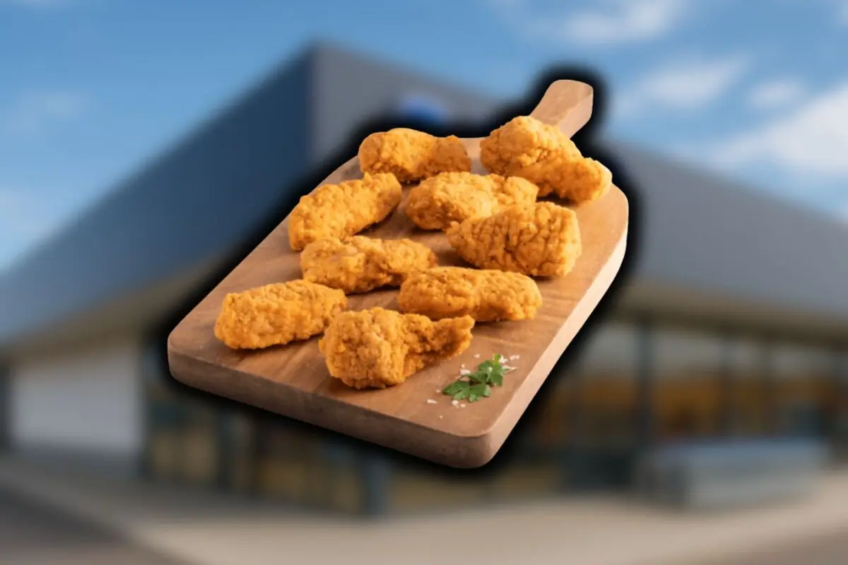 Tabla de madera con varias piezas de pollo frito crujiente de Aldi sobre un fondo desenfocado de una tienda de la mencionada cadena.