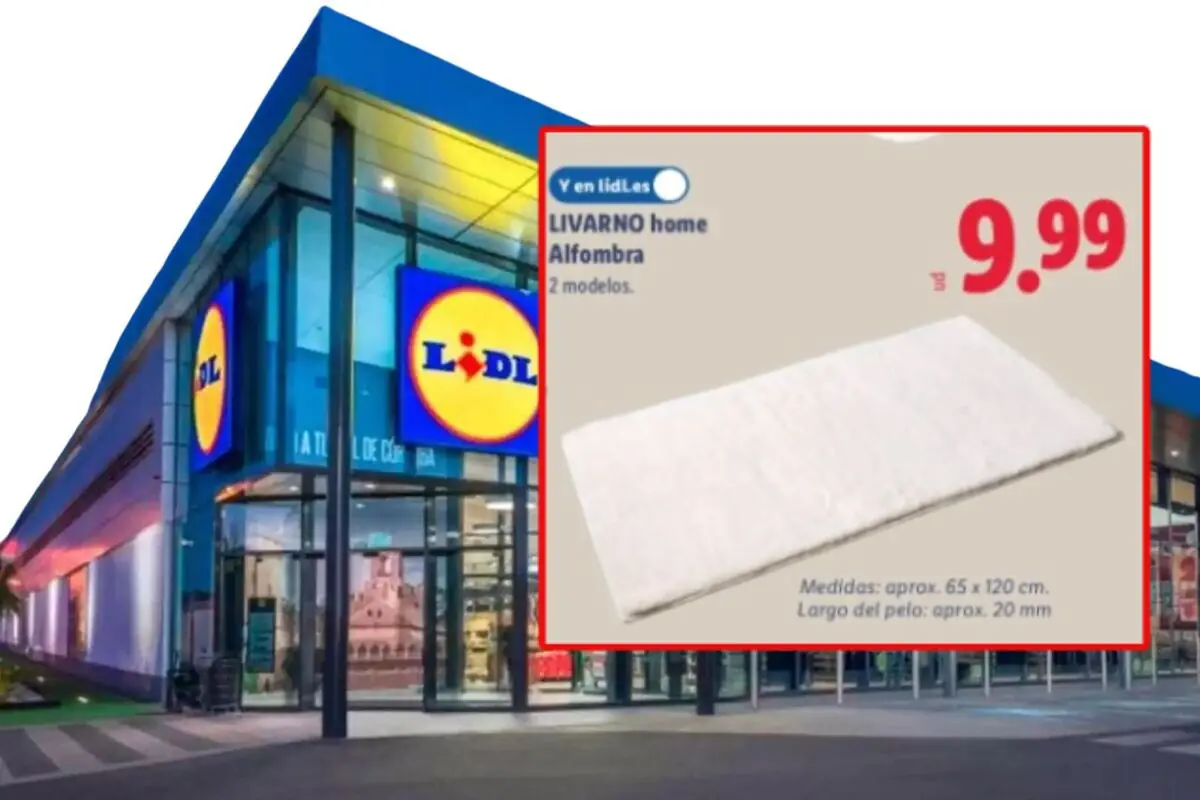 Livarno Home white rug offer in a Lidl flyer priced at 9.99 euros in front of the facade of a store of the chain
