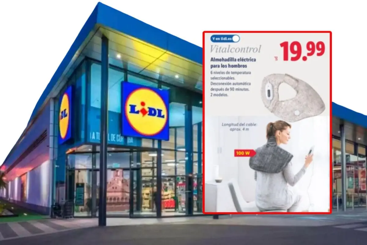Lidl supermarket facade with an advertising sign for a Vitalcontrol electric shoulder pad on sale for 19.99 euros