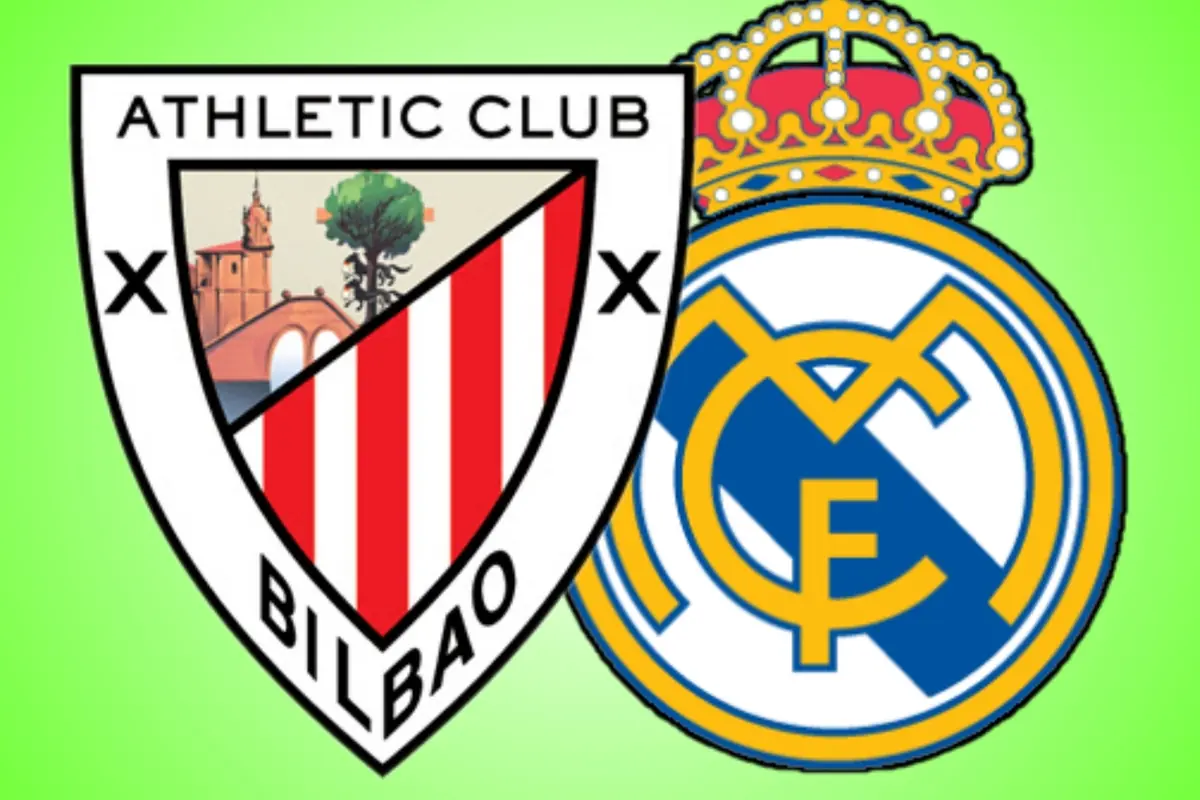 Escudos de Athletic Club de Bilbao y Real Madrid sobre fondo verde