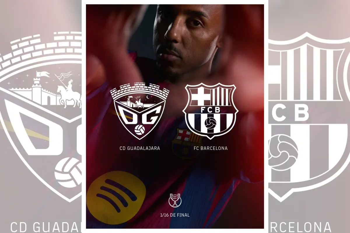 Un jugador de futbol amb la samarreta del Barcelona apareix al centre, acompanyat dels escuts del CD Guadalajara i del FC Barcelona, anunciant un enfrontament de setzens de final.