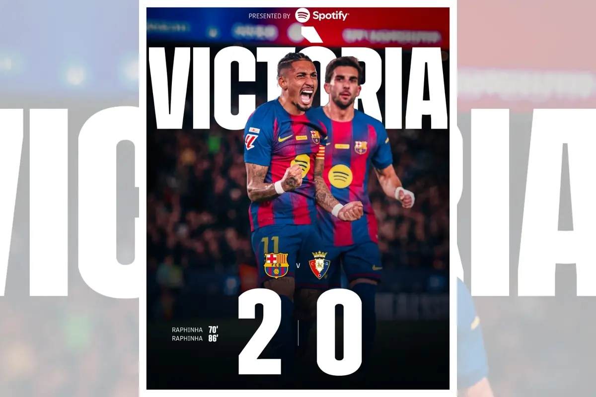 Dos jugadors del Barcelona celebren un triomf amb el marcador final de 2 a 0 sobre l’Osasuna, amb la paraula victòria en gran al fons.
