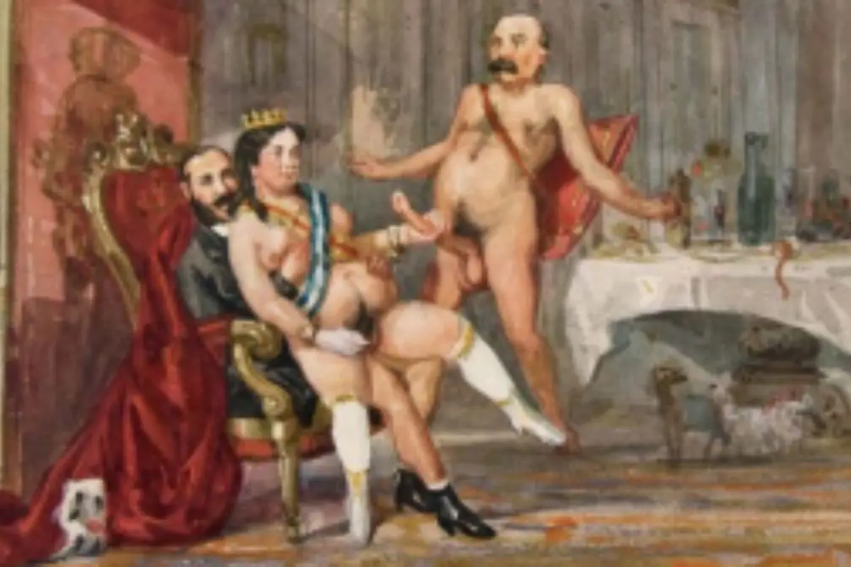 Il·lustració antiga de caràcter sexual amb figures nues (que són Borbons) en un saló luxós pintada per Valerià i Gustau Adolf Bécquer.