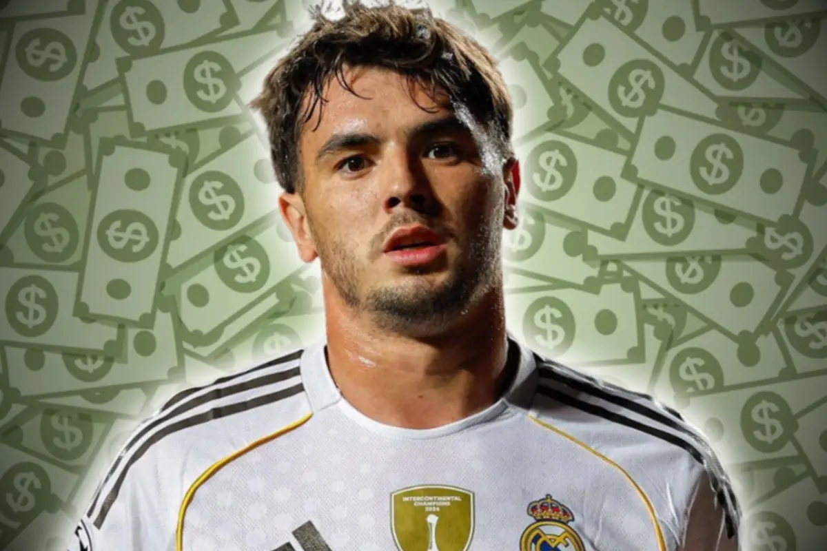 Futbolista con camiseta del Real Madrid sobre un fondo de billetes de dinero