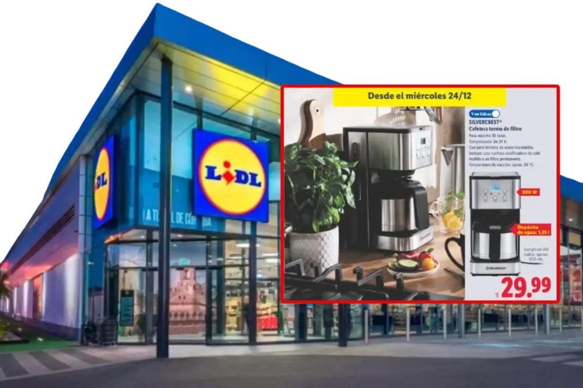 Facade of a Lidl supermarket with an advertising sign showing a drip coffee maker on sale for 29.99 euros