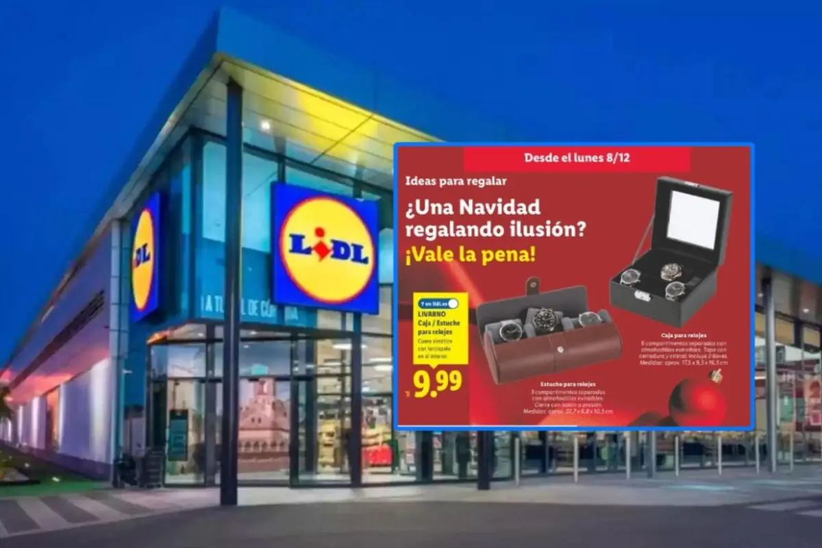 Fachada de una tienda Lidl con un anuncio navideño de estuches para relojes en oferta