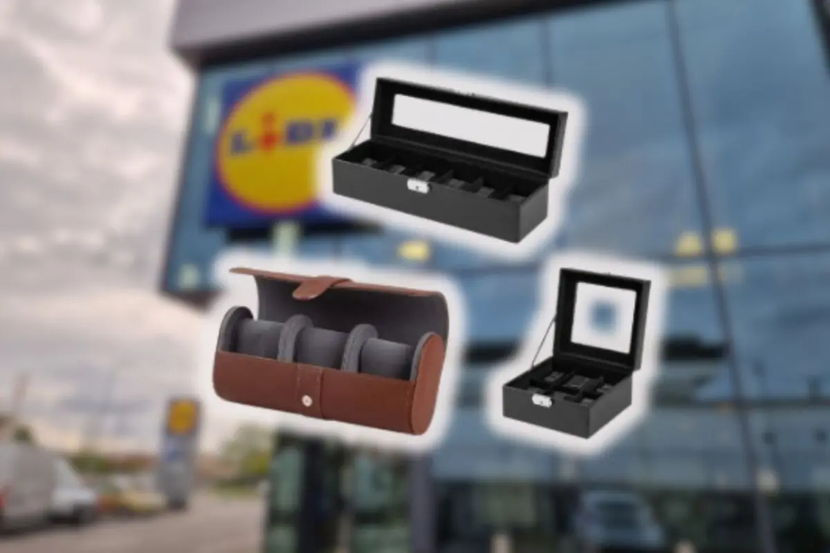 Tres estuches para relojes en diferentes estilos y colores aparecen sobre un fondo borroso de una tienda Lidl