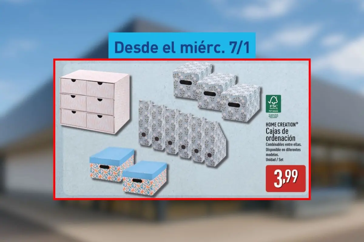 Folleto de Aldi en el que aparecen unas cajas de ordenación decorativas Home Creation disponibles en varios modelos por 3,99 euros desde el miércoles, 7 de enero. Folleto de Aldi en el que aparecen unas cajas de ordenación decorativas Home Creation disponibles en varios modelos por 3,99 euros desde el miércoles, 7 de enero.