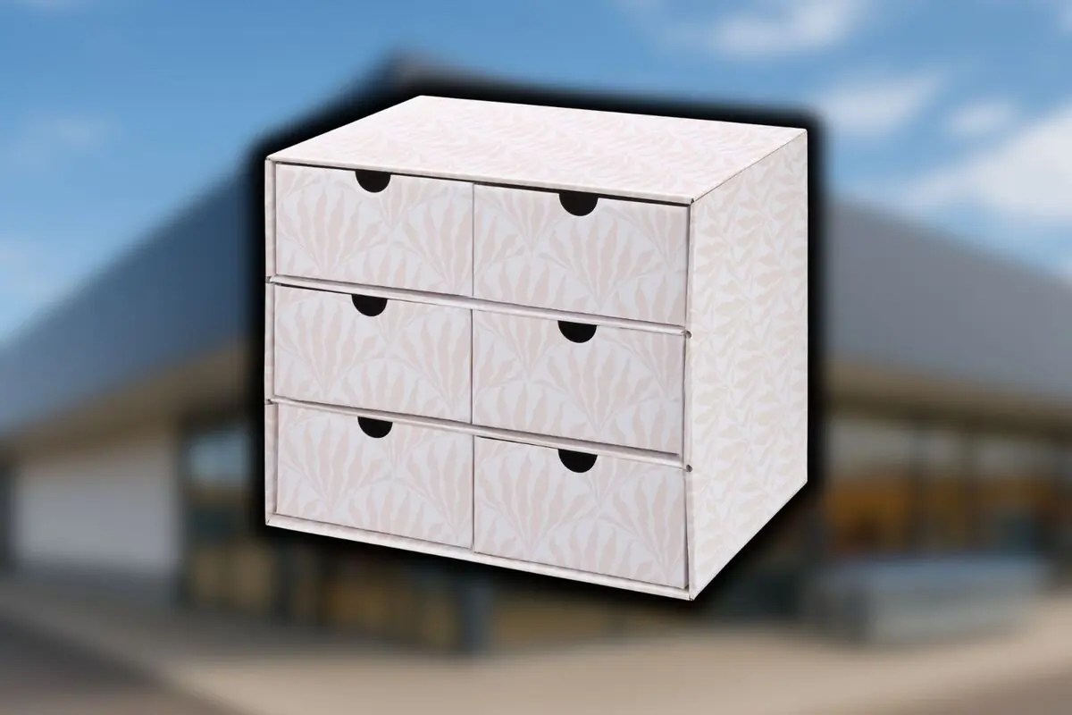 Organizador de cartón de Aldi con seis cajones pequeños y diseño estampado en tonos claros sobre fondo desenfocado de una tienda de la mencionada cadena. Organizador de cartón de Aldi con seis cajones pequeños y diseño estampado en tonos claros sobre fondo desenfocado de una tienda de la mencionada cadena.