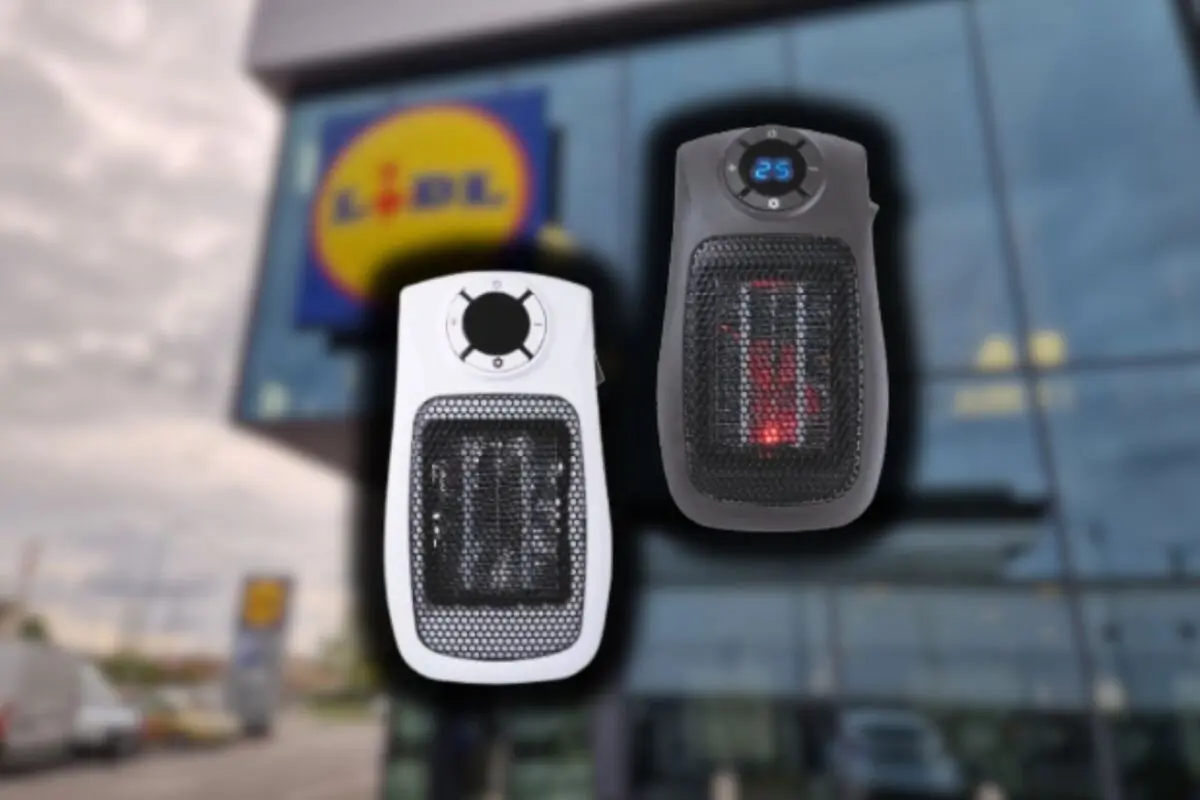 Dos calefactores eléctricos portátiles en primer plano con una tienda Lidl desenfocada al fondo