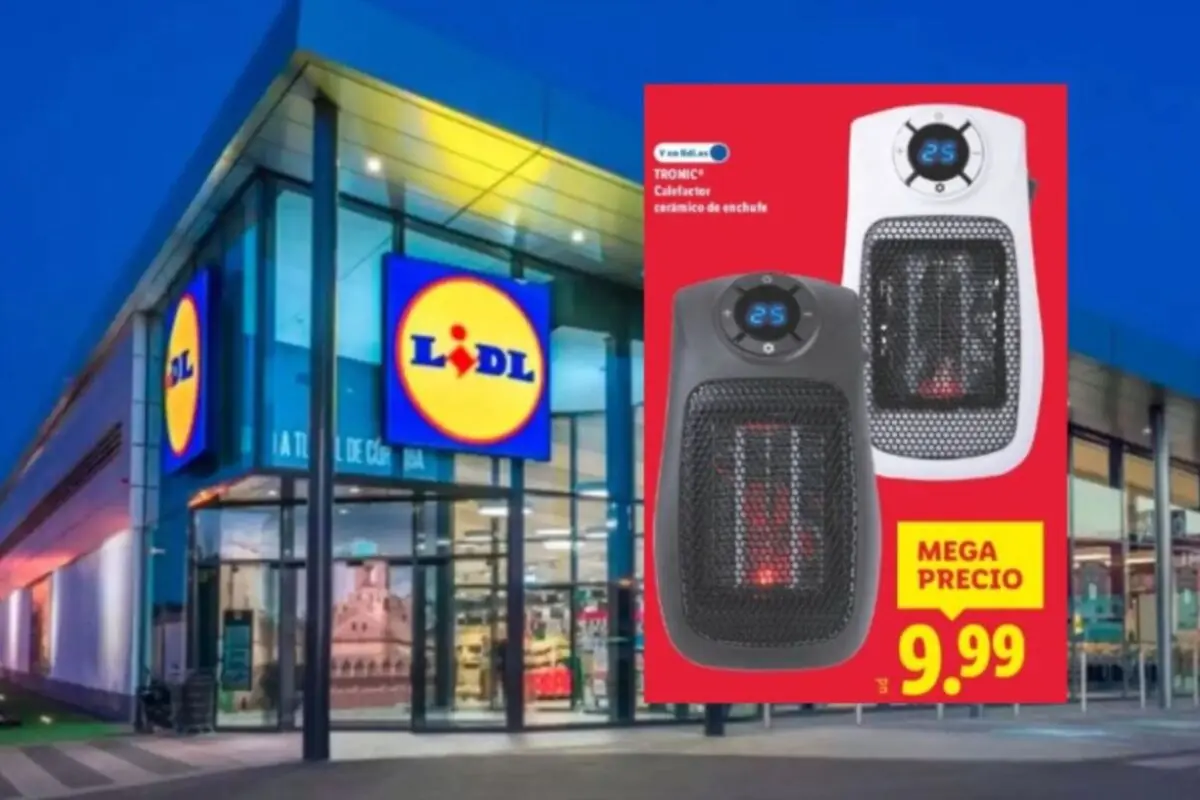 Fachada de una tienda Lidl con un anuncio de calefactores cerámicos en oferta a 9,99 euros