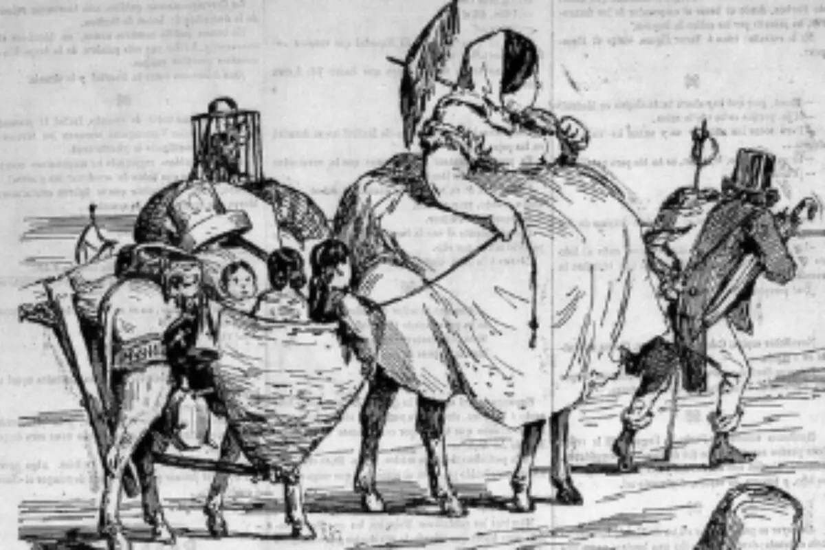 Il·lustració en blanc i negre d’una família viatjant amb rucs carregats de farcells i criatures mentre una dona, que és Isabel II, amb un vestit voluminós, munta un dels animals i un home camina al davant estirant-los.