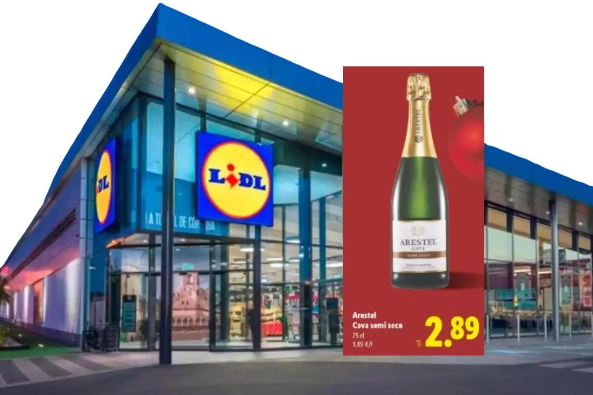 Lidl supermarket facade with an advertising sign for a bottle of Arestel cava on sale for 2.89 euros