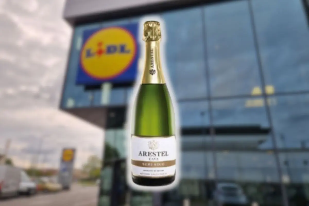 Semi-dry Arestel cava bottle featured in front of the glass façade of a Lidl supermarket