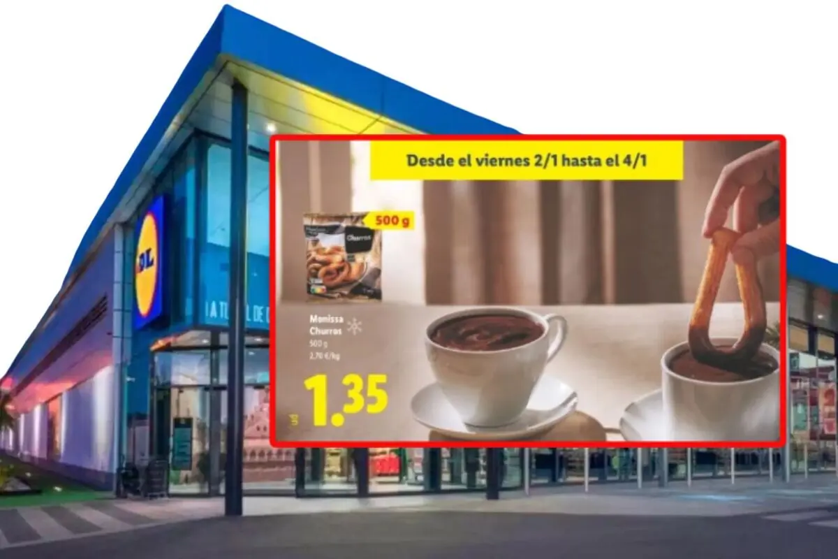 Lidl supermarket facade with a promotional sign for 500 g frozen churros for 1.35 euros, accompanied by cups of hot chocolate and the offer valid from Friday, January 2 to Sunday, January 4