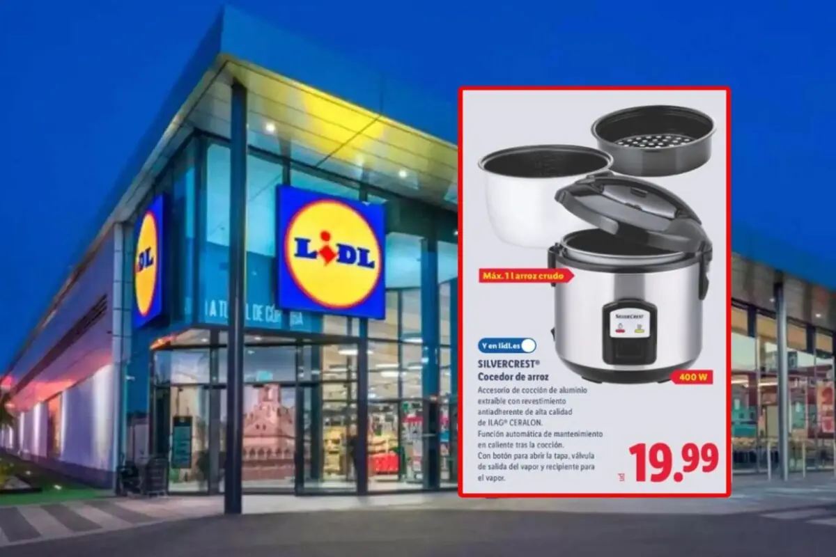 Facade of a Lidl store at dusk with an advertisement for a Silvercrest rice cooker on sale for 19.99 euros in the right corner of the image