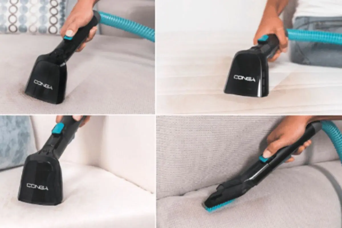 Persona usando una aspiradora Conga para limpiar diferentes superficies de tela como sofá y colchón que es de la marca Cecotec y se vende en Aldi. Persona usando una aspiradora Conga para limpiar diferentes superficies de tela como sofá y colchón que es de la marca Cecotec y se vende en Aldi.