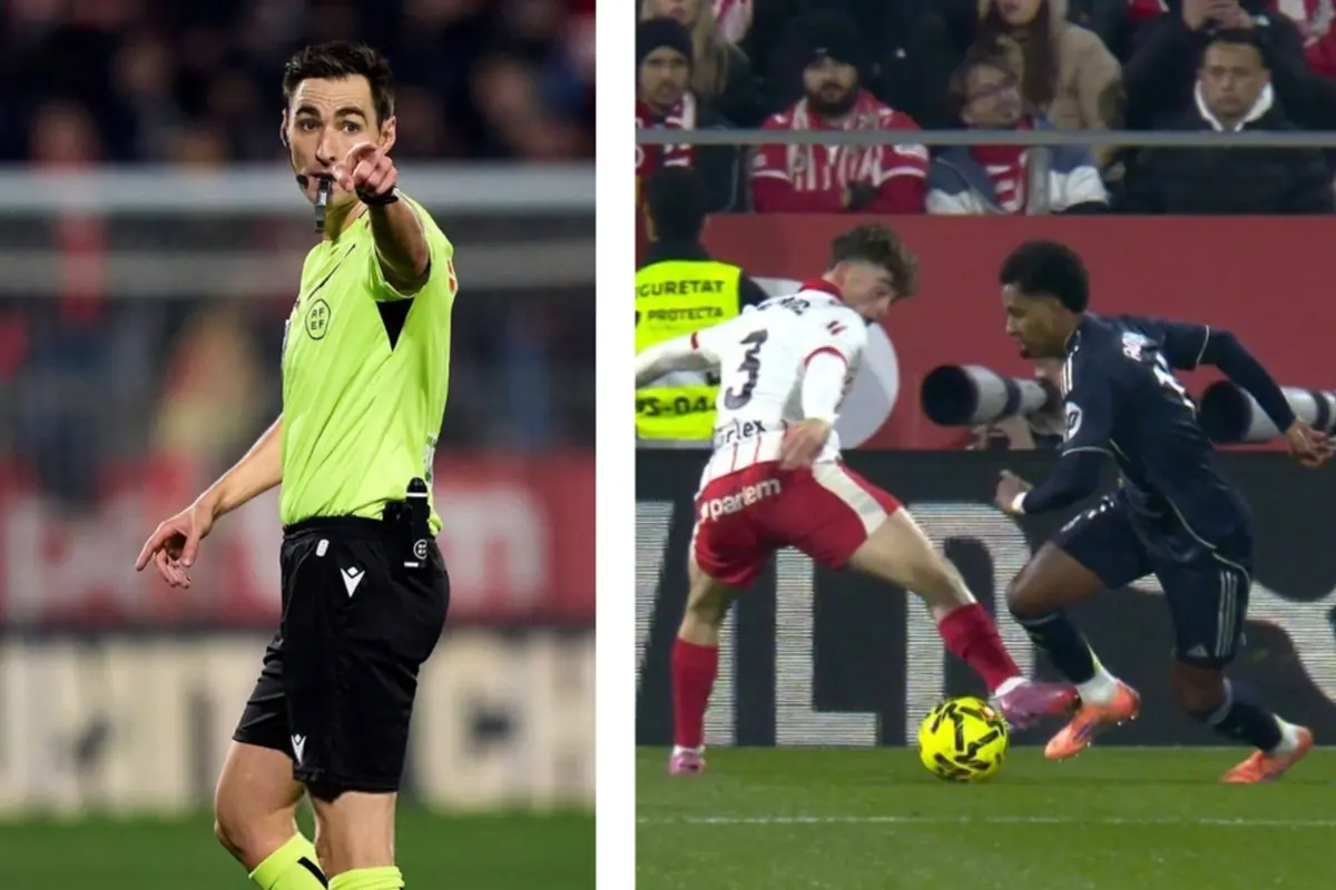 Un árbitro de fútbol señala con el dedo mientras en otra escena dos jugadores disputan el balón durante un partido frente a una multitud en las gradas. Un árbitro de fútbol señala con el dedo mientras en otra escena dos jugadores disputan el balón durante un partido frente a una multitud en las gradas.