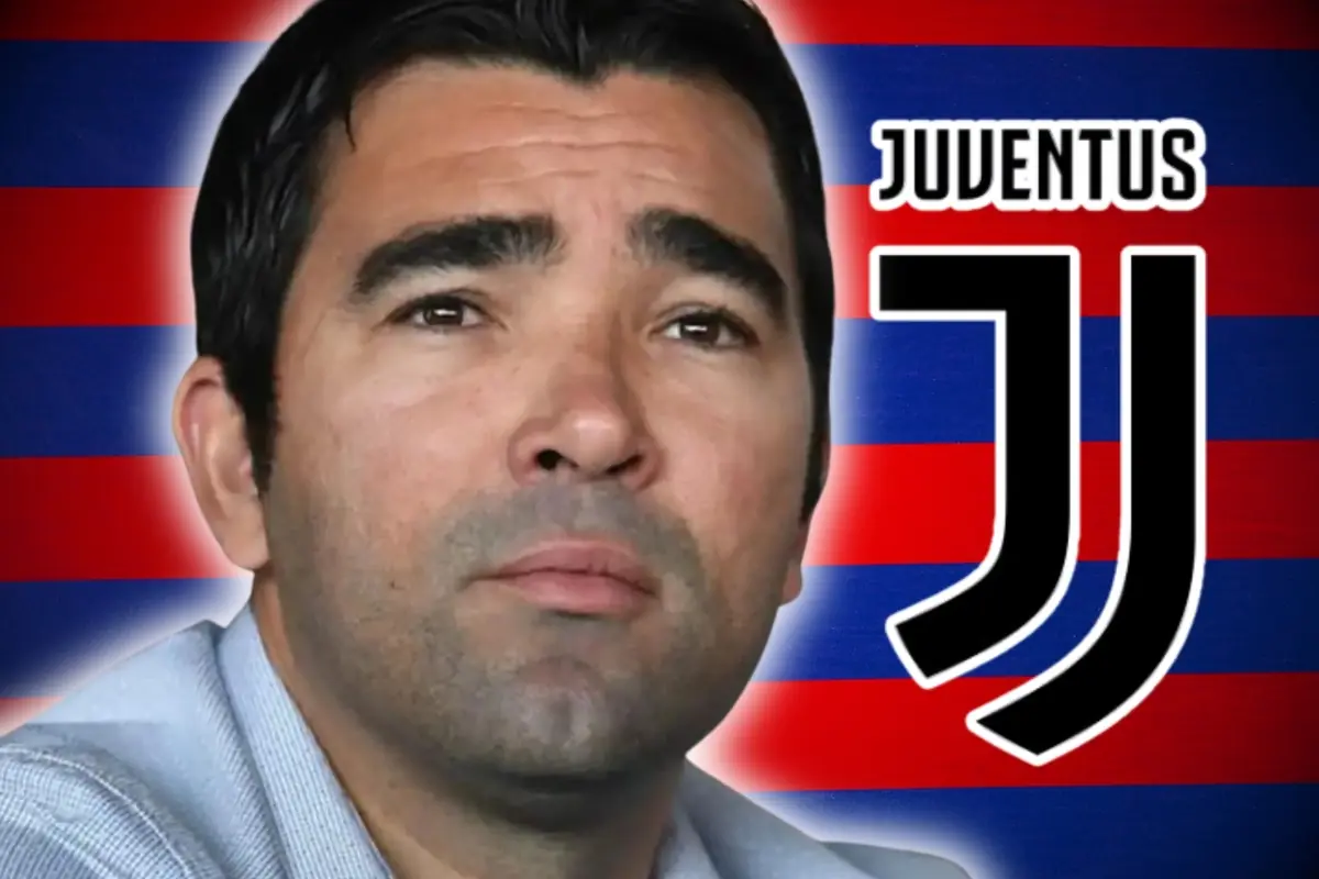 Primer pla d’un home pensatiu amb un fons de franges vermelles i blaves i l’escut de la Juventus al seu costat